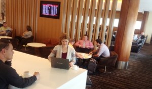 Working on the book in the Qantas lounge
